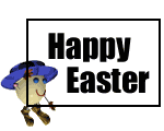 An egg, wearing a hat, and holding a ‘Happy Easter’ sign