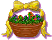 A bunny emerging from a basket of eggs